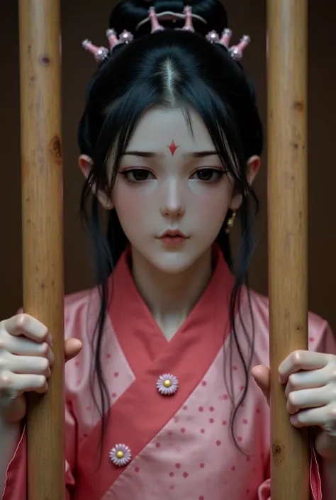  distant image ,  very detailed image ,  A Chinese woman wears a beautiful pink hanfu ,  Black-haired is grooved and disheveled ,  wears pretty hairpins ,  cold-faced expressionless , smileless face ,  ragged clothes ,  with a cut on his upper arm ,  is lo...