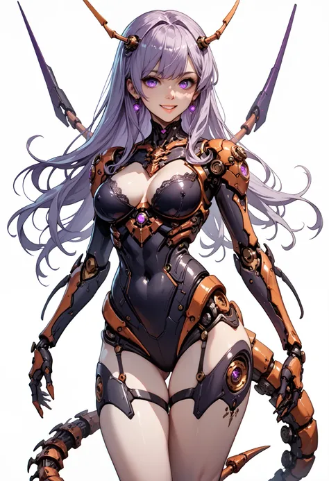 Sci-fi style girl. Mechanical bodysuit. Purple image color. Long hair. Straight hair. Even bangs. Smiling. Scorpion tail. Arthropod element. Mechanical scorpion. Thighs. Thick legs. Breasts perky. White background.