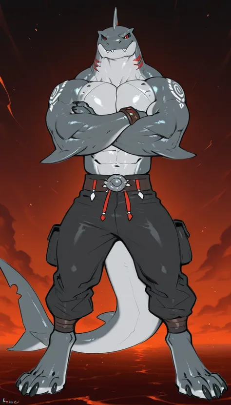 sharkman, anthro megalodon, darker abs and fins, black back, solo, big arms, bara, detailed skin, lizard shark hybrid, anthro, closed mouth, tribal polynesian tattoos, detailed shark skin, scalie arms, fins on arms, gray color body, beefy, thick scales on ...