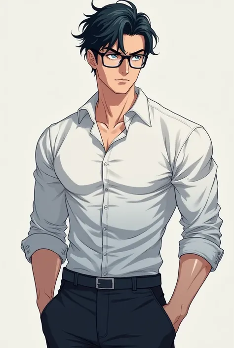 young adult man,  muscular body, tall and handsome, With black hair and blue eyes, dressed in a tight white formal shirt, wearing glasses and with a serious expression, Anime Art