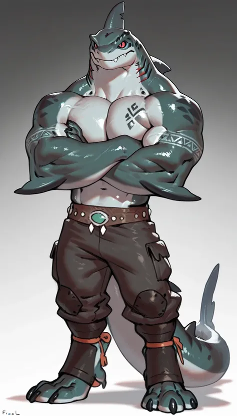 sharkman, anthro megalodon, darker hands and fins, black back, solo, big arms, bara, detailed skin, lizard shark hybrid, anthro, closed mouth, tribal polynesian tattoos, detailed shark skin, scalie arms, fins on arms, gray color body, beefy, thick scales o...