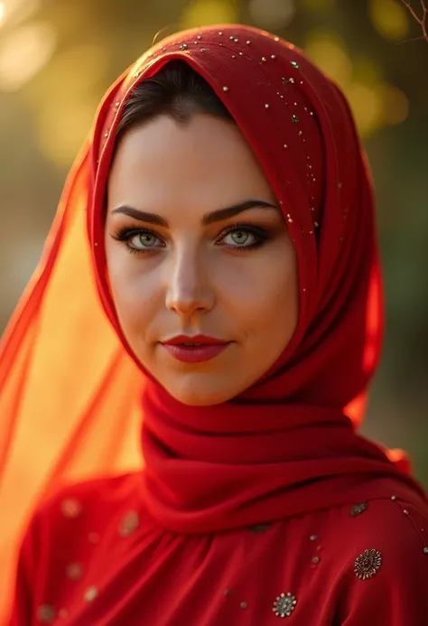 A woman wearing a vibrant red hijab, beautifully styled, with delicate details on the fabric, bright and cheerful theme, professional studio photoshoot, soft glowing lighting, smooth skin texture, natural expression, front view, close-up shot, natural ligh...