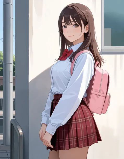 Masterpiece, hd, realistic, 1girl, brown hair, long hair, smile, medium breasts,school uniform, white collared shirt, red bowtie, long sleeves, dark red plaid skirt,  wearing school backpack, pink backpack, from side, cowboy shot, looking to the side, outd...