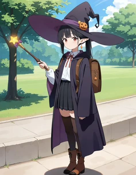 Masterpiece, hd, anime, 2d,  black hair, elf girl, pointed ears, wearing witch hat,  1girl wearing a witch Costume, white puffy collared shirt, black pleated skirt,  neck ribbon, witch robes, bowtie, earrings, jewelry, holding magic wand, outdoor, ponytail...