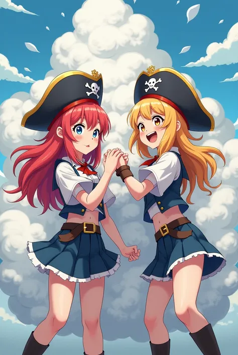 An anime-style illustration depicting many pirates-girls playfully wrestling with each other inside a comical fight cloud.
each pirates-girl has different colored hair.
their faces,hands,and feet are visible emerging from the cloud as they tussle humorousl...