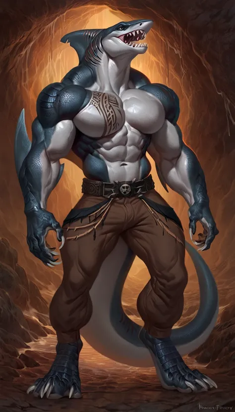 Muscular monster shark, sharkman, anthro megalodon, solo, lizard shark hybrid, body made of steel, strong, metallic scales, scars on body, tribal polynesian tattoos, 1male solo, muscular, small waist, thick tail, thick scales on the shoulders, marked detai...