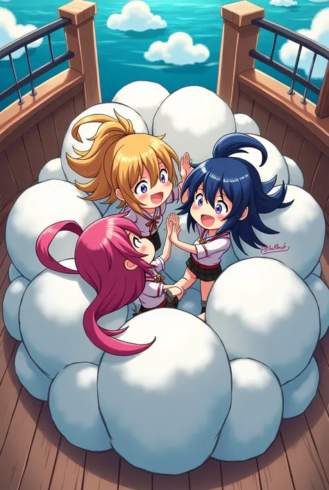 An anime-style illustration depicting many pirates-girls playfully wrestling with each other inside a ship comical fight cloud.
each pirates-girl has different colored hair.
their faces,hands,and feet are visible emerging from the cloud as they tussle humo...