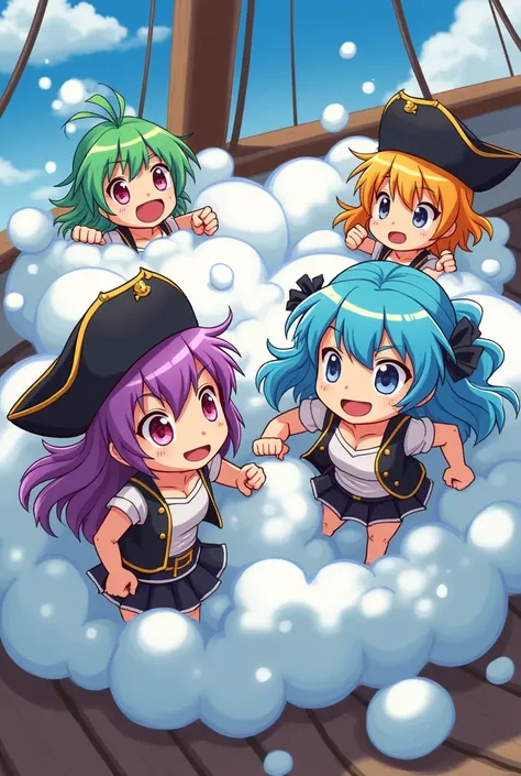 An anime-style illustration depicting many pirates-girls playfully wrestling with each other inside a ship comical fight cloud.
each pirates-girl has different colored hair.
their faces,hands,and feet are visible emerging from the cloud as they tussle humo...