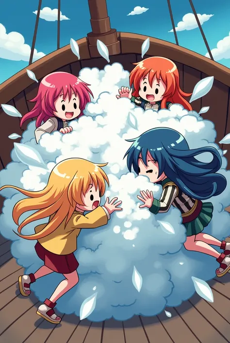 An anime-style illustration depicting many pirates-girls playfully wrestling with each other inside a ship comical fight cloud.
each pirates-girl has different colored hair.
their faces,hands,and feet are visible emerging from the cloud as they tussle humo...