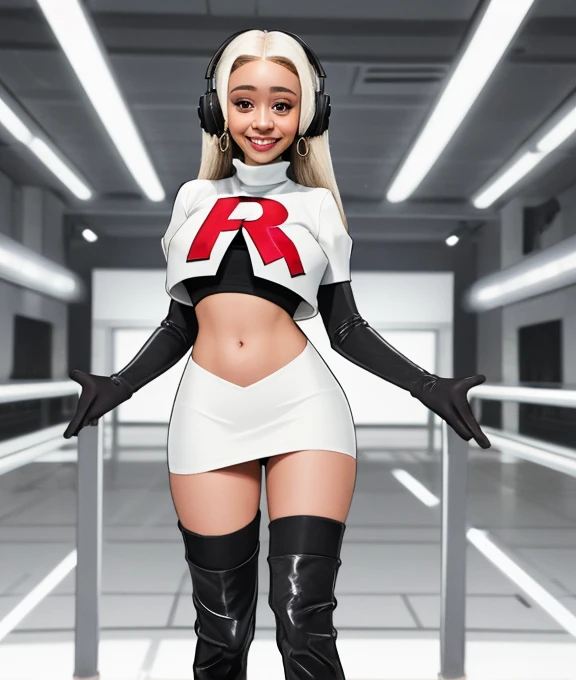 The face of Doja Cat, 1girl, solo, Team rocket, team rocket uniform, red letter R, white skirt,white crop top,black thigh-high boots, black elbow gloves, earrings, large breasts, sexy pose, smile, headset