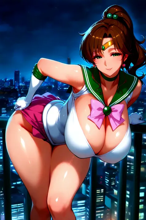 sailor jupiter, mature female, 40 old, huge breasts, hanging breasts, long breasts, wide breasts, wide hips, thick thighs, narrow waist, seductive smile, self exposure, curvy, night, cityscape, 