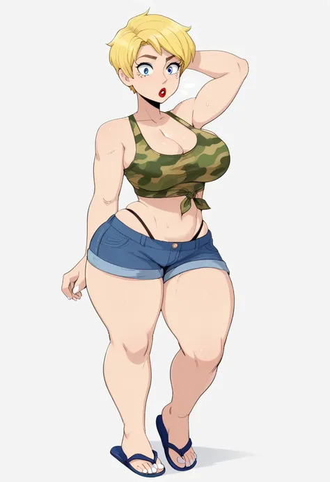 score_9, score_8_up, score_7_up, score_6_up, score_5_up, score_4_up, 2d, digital art, digital artwork, thick lines,solo, Woman with short blonde hair, middle aged woman, milf,fair skin, pixie cut, camo tanktop, long shorts, long blue jean shorts, large bre...