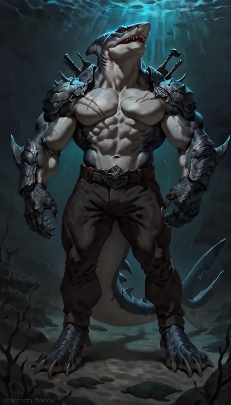 Muscular monster shark, solo, body made of steel, strong, metallic scales, scars on body, 1male solo, anthro, muscular, small waist, thick tail, thick scales on the shoulders, marked detailed jaws, open jaws big pecs, pants, full body, comicbook style, bes...