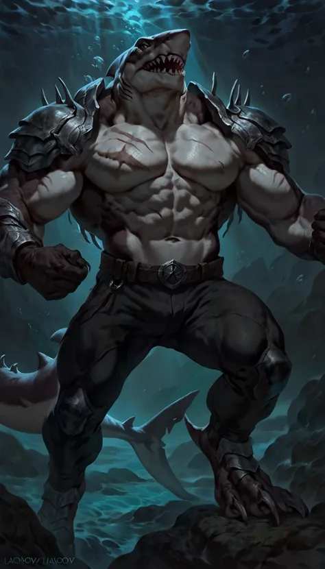 Muscular monster shark, solo, body made of steel, strong, metallic scales, scars on body, 1male solo, anthro, muscular, small waist, thick tail, thick scales on the shoulders, marked detailed jaws, open jaws big pecs, pants, full body, comicbook style, bes...