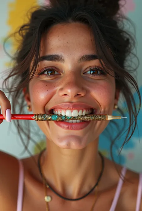 Generate a woman smiling proudly displaying an intricate paintbrush glued between her teeth 