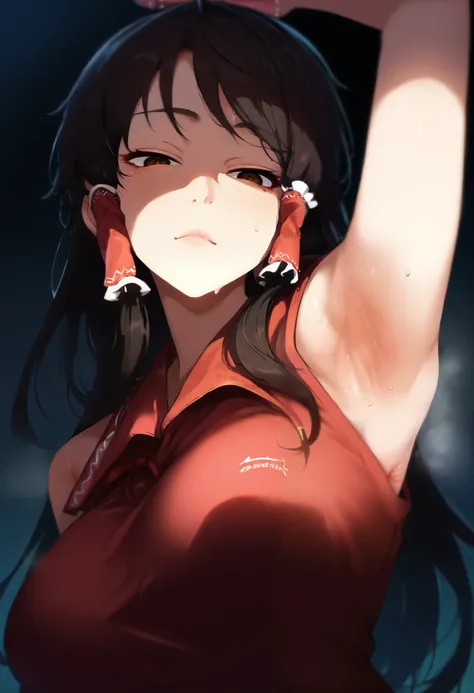 masterpiece,best,great,1girl,solo,large breasts,ambient composition,trmcstyle,(forsaken eyes:1),hakurei reimu,miko,red ribbon,hair tubes,looking at viewer,emotionless,underlighting,red shirt, sleeveless shirt, arm up, armpit, smell, sweaty armpit