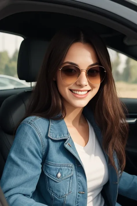 Long-haired woman smiling with jacket and sunglasses inside a car 