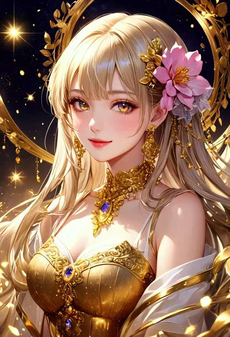 💖👧💋💋 Smile、Sparkling golden powder effect、artistic、fantasy、 Mystery、CG digital art