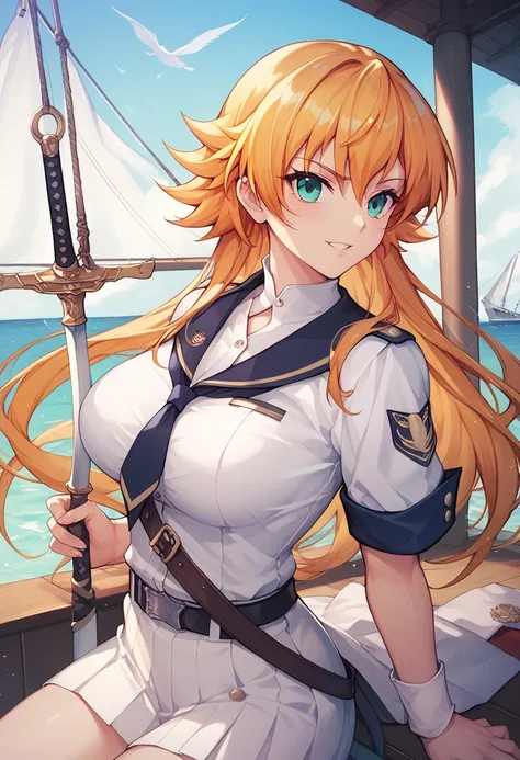 white Navy Officer Uniform, Curved sword, (Igawa Sakura), long hair, large breasts, On the deck of a sailing ship