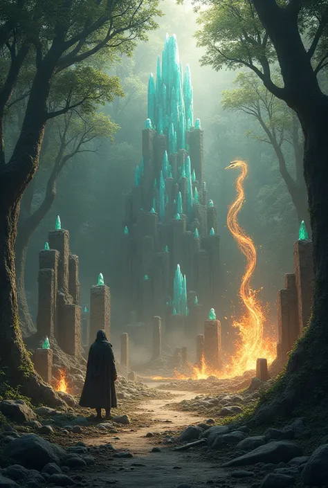 Crystals growing from the ground,Forest of Giants,Fire breathing large snake,（Ancient ruins）, multiple swords stuck in the ground,Broken armor scattered on the ground,Lots of weapons scattered on the ground, sunlight filtering through the trees effect, mys...