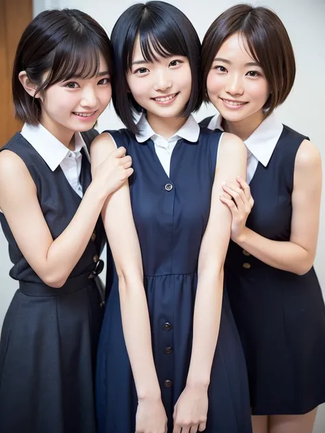 ( high definition)、( High Quality )、( short hair as left eye)、( Tight Sleeveless Dress)、(Collared dress)、( dress with buttons on the chest)、( two Japanese girls )、( bring their faces close to the camera:1.4)、( bring your face close to here :1.4)、(Big Breas...