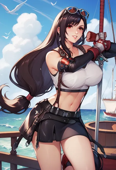 white Navy Officer Uniform, Curved sword, (Tifa Rockfort), long hair, large breasts, On the deck of a sailing ship