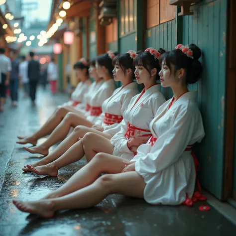 Exposed Open Gigantic Cleavage, CoveredNipple without Bra, Transform into 8K UltraDetailed Live-Action, Photorealistic, ExtremelyDetailed Professional Photography of KAWAII FUNDOSHI Girls at HAKATA GION YAMAKASA, FullBody from below, MagicHour Miracle, Eth...