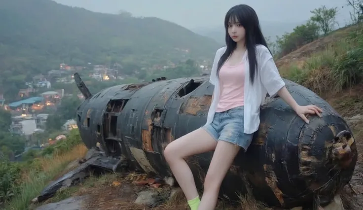 A realistic Korean woman with white skin, oily skin, she is leaning against an old rotten giant spaceship wreckage, lovely dark autumn, anorexic figure, an unbuttoned white t-shirt over a  pink top tank and denim worn shorts, neon  green snickers, fully bo...