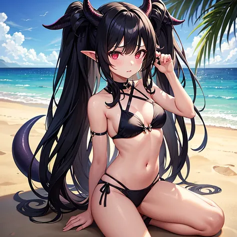 One girl, black hair, , long hair, succubus, small black horns, black devils tail, shy, medium sized breasts, beach, bikini