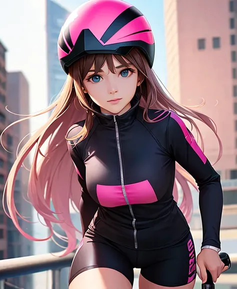 woman, full face helmet, long hair brown, normal, she is solo, from alternative world ,best quality, realistic, cycling pink black color suit and cycling sports shorts