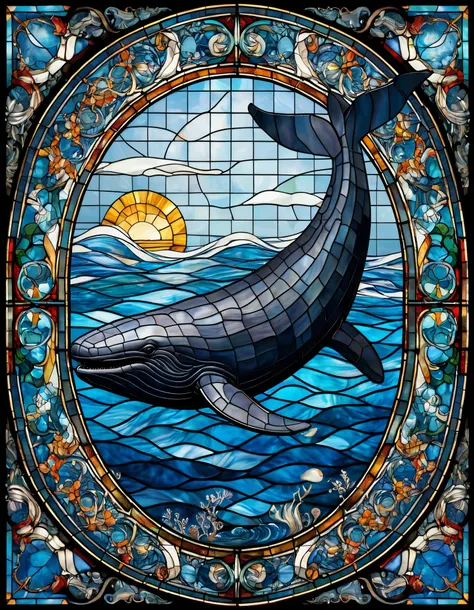 A sperm whale is jumping from the surface of the water、 fantastic stained glass 、mosaic style 、 Renaissance model 