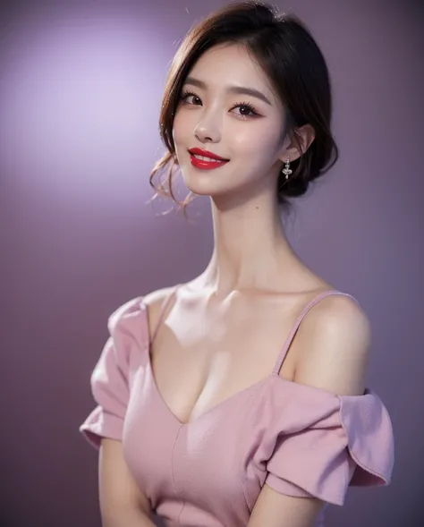 ( surreal ,32K, RAW photo:1.1),( highly detailed skin:1.1), 8K UHD, dslr, High quality,  film grain, (makeup, Mascara:1.1), Clear color correction ,  Korean 20s beauty full body, Short cut,  charming smile, red lips,purple shirt,Jewelry,  Big Bust 