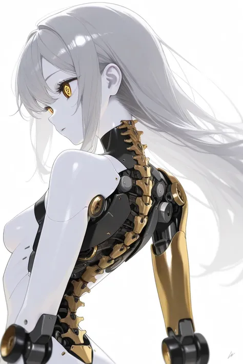 (Top Quality, Background Detail), Top Quality, Original Detail Dynamic Art, Anatomically Correct, Golden Machine Eyes, Image from Waist, One Girl, Inorganic Gaze, White Skin, Gray Hair, Long Hair, One Machine Girl, Mechanical Hinges ,(( Mechanical Vessels ...