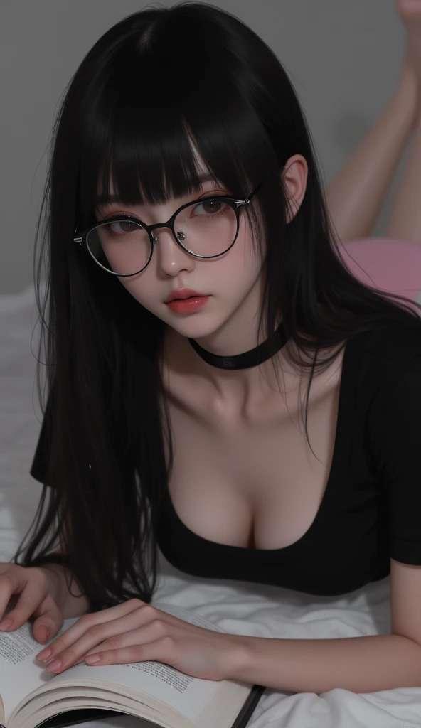 skinny girl,  small breasts,  fair skin ,  black hair,  wearing a black shirt,  men's pink panties , black choker and glasses, Lying on your stomach reading a book.