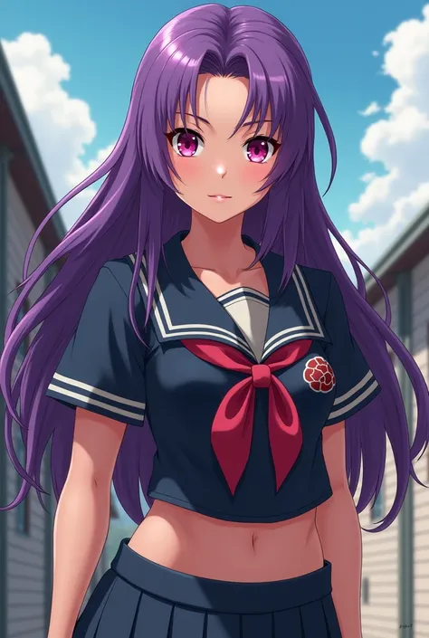  Create images of a female character in the Naruto anime style.  She has purple hair , hot pink eyes , pele morena,  curvy body and she is dressed in school uniform 