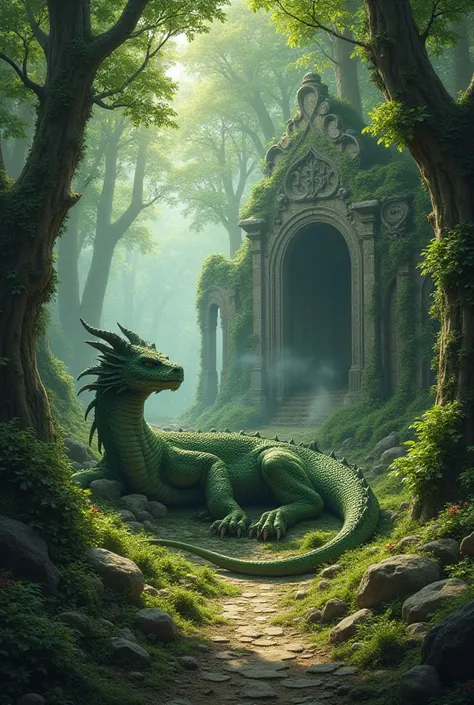 Mossy Slate,Forest of Giants,Ancient sleeping dragon,（Ancient ruins）,treasure,Tons of weapons scattered on the earth,Sunlight through the trees effect, mystical atmosphere,Morning Mist