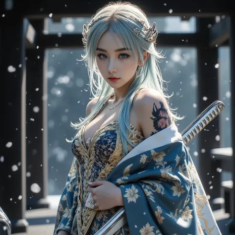 A female samurai warrior standing in a peaceful Shinto shrine, holding an exquisitely detailed blue and gold-patterned katana, wearing an intricately designed blue and gold kimono with minimal skin exposure, in a graceful combat pose as snow gently falls a...