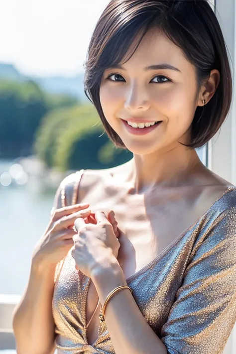 A 40-year-old Japanese woman with small breasts and short black hair、Use your hands on small boobs to create cleavage、 smiles shyly