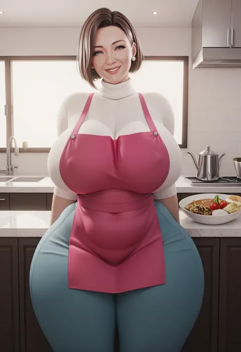 underpants、Best Quality, 1womanl, very curvy, Massive breasts, Mature, Sauce order, Smiling, long-cut, Very pretty face, maternal, thick body, pink apron,bbw、big butts、Backshots、A dark-haired、White turtleneck, milf, seductive, short hair