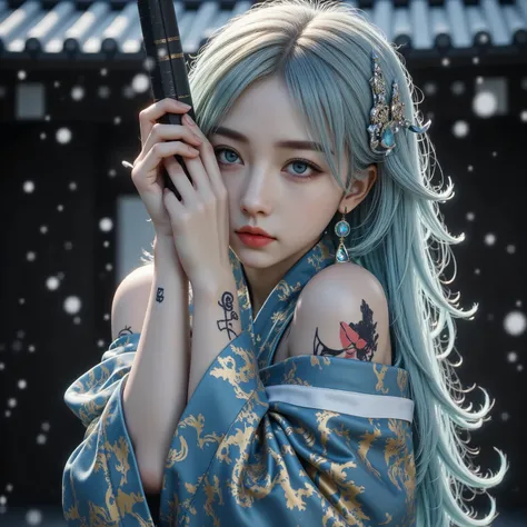 A female samurai warrior standing in a peaceful Shinto shrine, holding an exquisitely detailed blue and gold-patterned katana, wearing an intricately designed blue and gold kimono with minimal skin exposure, in a graceful combat pose as snow gently falls a...