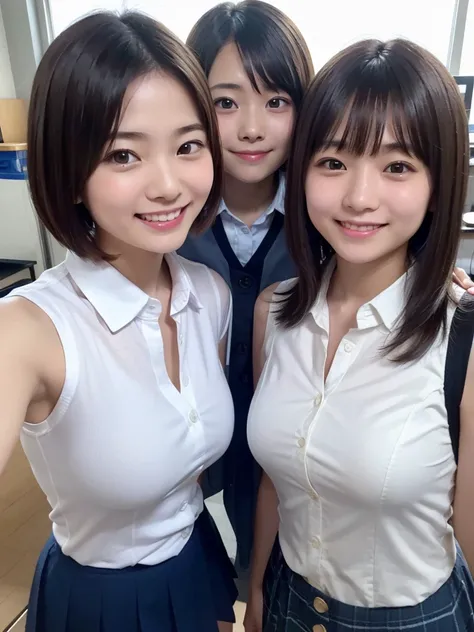 ( high definition)、( High Quality )、( short hair as left eye)、( tight and sleeveless shirt)、( collared shirt)、(shirt with button on the chest )、( miniskirt)、( two Japanese girls )、( bring their faces close to the camera:1.2)、( bring your face close to here...