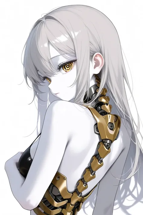 (Top Quality, Background Detail), Top Quality, Original Detail Dynamic Art, Anatomically Correct, Golden Machine Eyes, Image from Waist, One Girl, Inorganic Gaze, White Skin, Gray Hair, Long Hair, One Machine Girl, Mechanical Hinges ,(( Mechanical Vessels ...