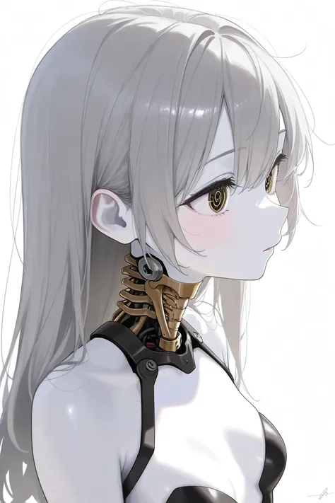 (Top Quality, Background Detail), Top Quality, Original Detail Dynamic Art, Anatomically Correct, Golden Machine Eyes, Image from Waist, One Girl, Inorganic Gaze, White Skin, Gray Hair, Long Hair, One Machine Girl, Mechanical Hinges ,(( Mechanical Vessels ...