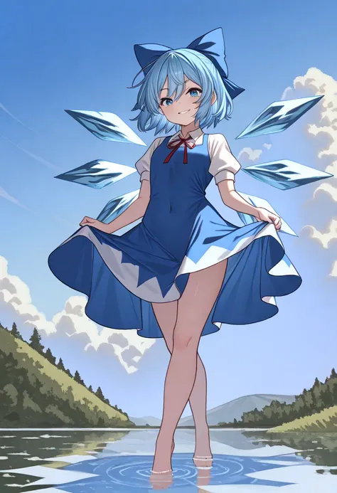 ( best quality :2.0)、(( high definition ))、Masterpiece、East、(cirno:1.4)、 barefoot, 6 crystal ice、Lakeside