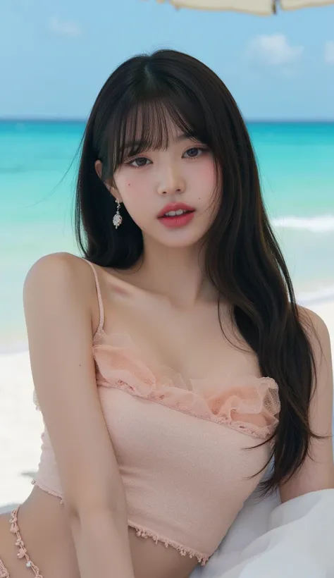 Cute idol-like face, Korean woman, white skin, Her hair is long and straight, black., Reality Photography, Clear picture quality, fair skin, glowing skin, Bikinis with a variety of designs, Lying with my head on the sunbed, Beach, big breasts, Cute appeara...