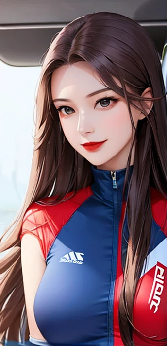 woman, long hair brown, smile, red lipstick, she is solo, from alternative world ,best quality, realistic, cycling blue black color suit and cycling sports shorts,