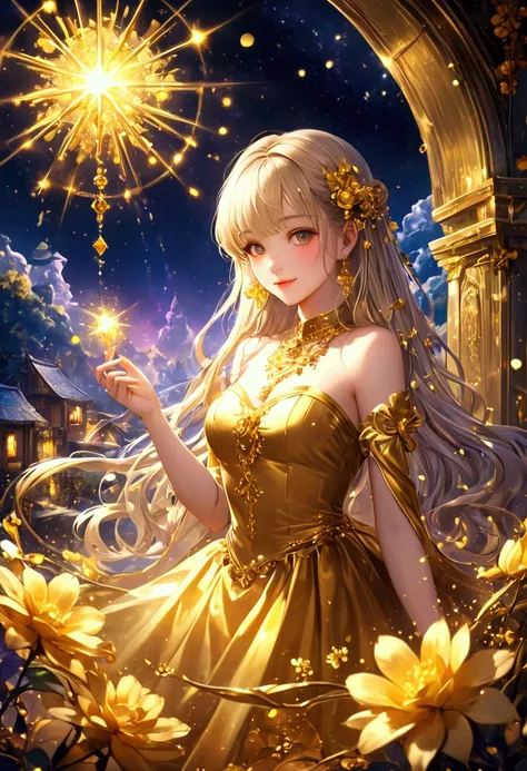 💖👧💋💋 Smile、Sparkling golden powder effect、artistic、fantasy、 Mystery、CG digital art