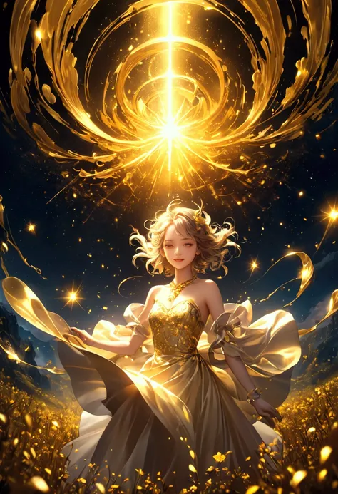 💖👧💋💋 Smile、Sparkling golden powder effect、artistic、fantasy、 Mystery、CG digital art