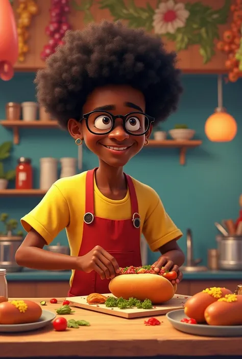 22-year-old black Afro-haired boy with black glasses preparing a Venezuelan Pixar-style hog dog 