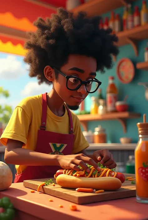 22-year-old black Afro-haired boy with black glasses preparing a Venezuelan Pixar-style hog dog 